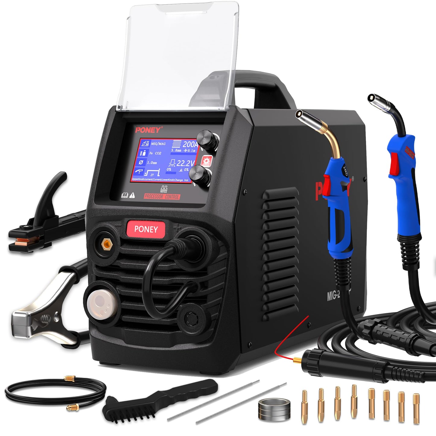 PONEY 200Amp Double Pulse MIG Aluminum Welder 9 in 1 MIG/MAG/FLUX/MIG Synergy/Single Pulse MIG/Double Pulse MIG/TIG LIFT/Spot Welding/MMA 220V Multi Process Welding Machine with LCD Digital Display