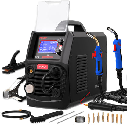 PONEY 200Amp Double Pulse MIG Aluminum Welder 9 in 1 MIG/MAG/FLUX/MIG Synergy/Single Pulse MIG/Double Pulse MIG/TIG LIFT/Spot Welding/MMA 220V Multi Process Welding Machine with LCD Digital Display