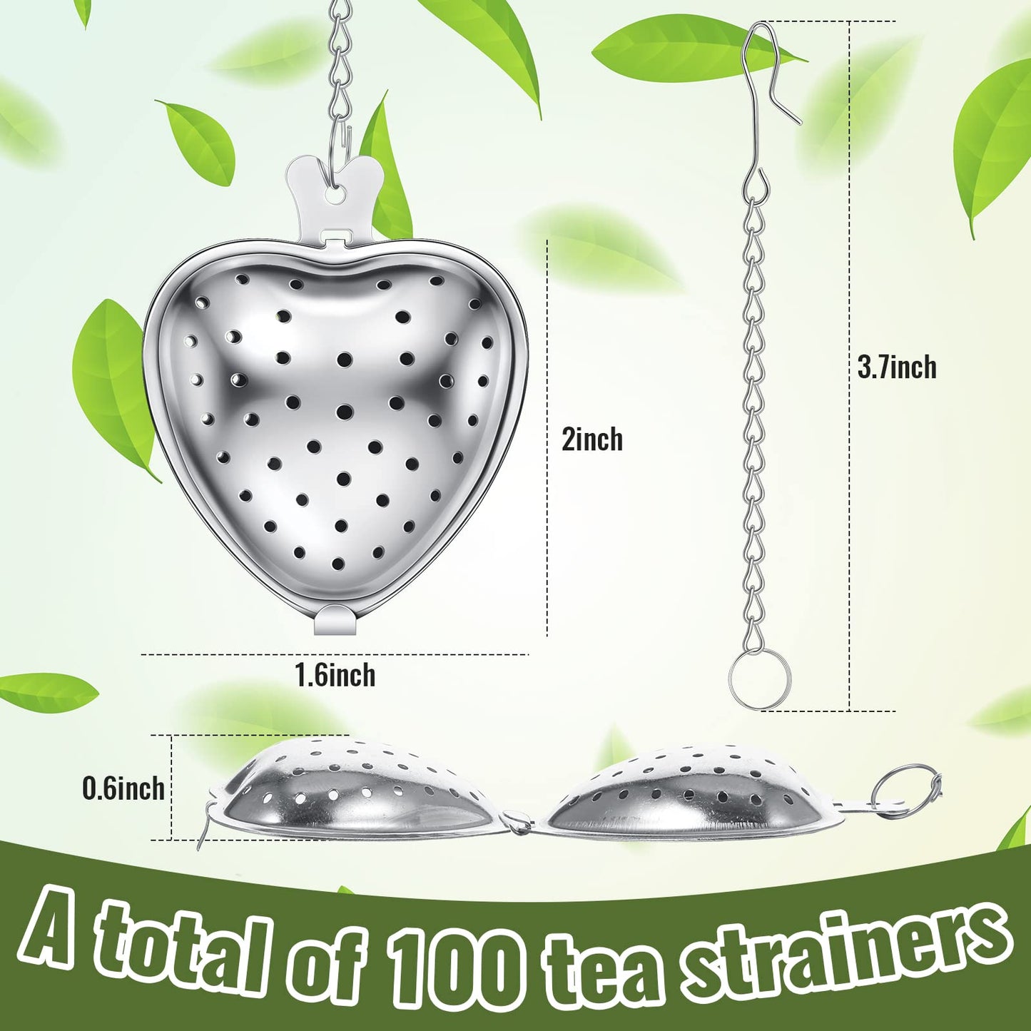 Sumind 100 Pcs Tea Strainer Stainless Steel Tea Ball Infuser Loose Leaf Tea Steeper Tea Interval Diffuser Heart Shape Mesh Tea Filters with Extended Chain Hook for Seasonings Cup Bottle (Silver)