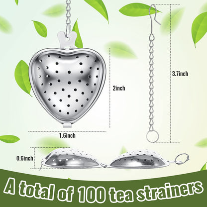 Sumind 100 Pcs Tea Strainer Stainless Steel Tea Ball Infuser Loose Leaf Tea Steeper Tea Interval Diffuser Heart Shape Mesh Tea Filters with Extended Chain Hook for Seasonings Cup Bottle (Silver)