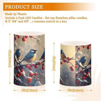 ALAZA Christmas Winter Birds Cherry Flickering Flameless Candles Battery Operated with Remote Timer,Tea Light Candles LED Pillar Votive Candles Set of 2 for Outdoor Indoor Decorations