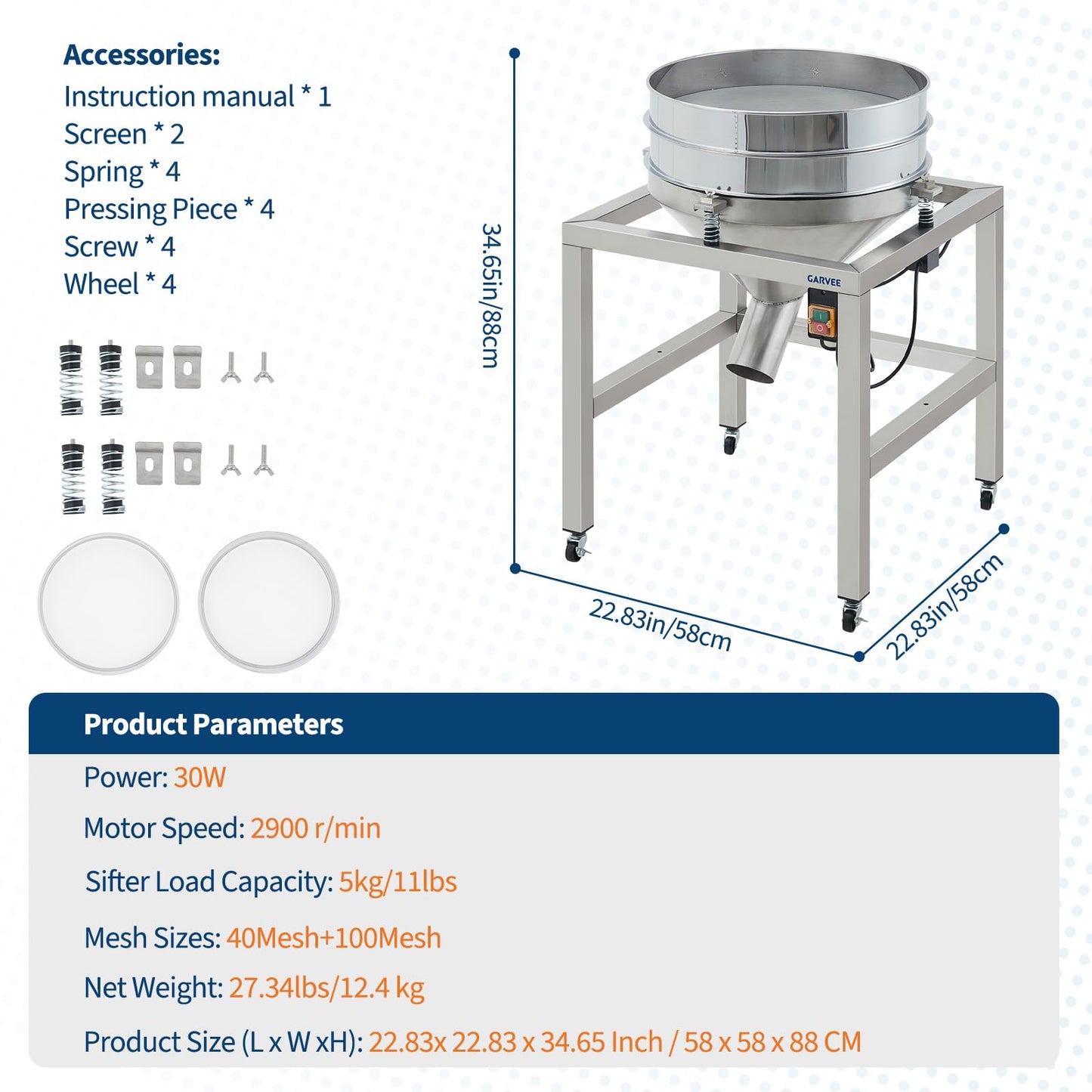 Automatic Powder Sifter Machine, Electric Flour Sieve Shaker with 40 Mesh & 100 Mesh Stainless Steel Screens, High-Speed Sifting Machine for Baking, Food