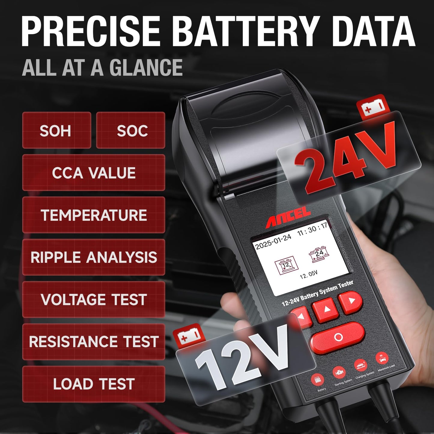 ANCEL BST600 12V 24V Battery Tester with Printer, 100-2000 CCA Lead-Acid Battery Alternator Tester, Cranking Charging System Analyzer for Cars Trucks RV Marine Motorcycles