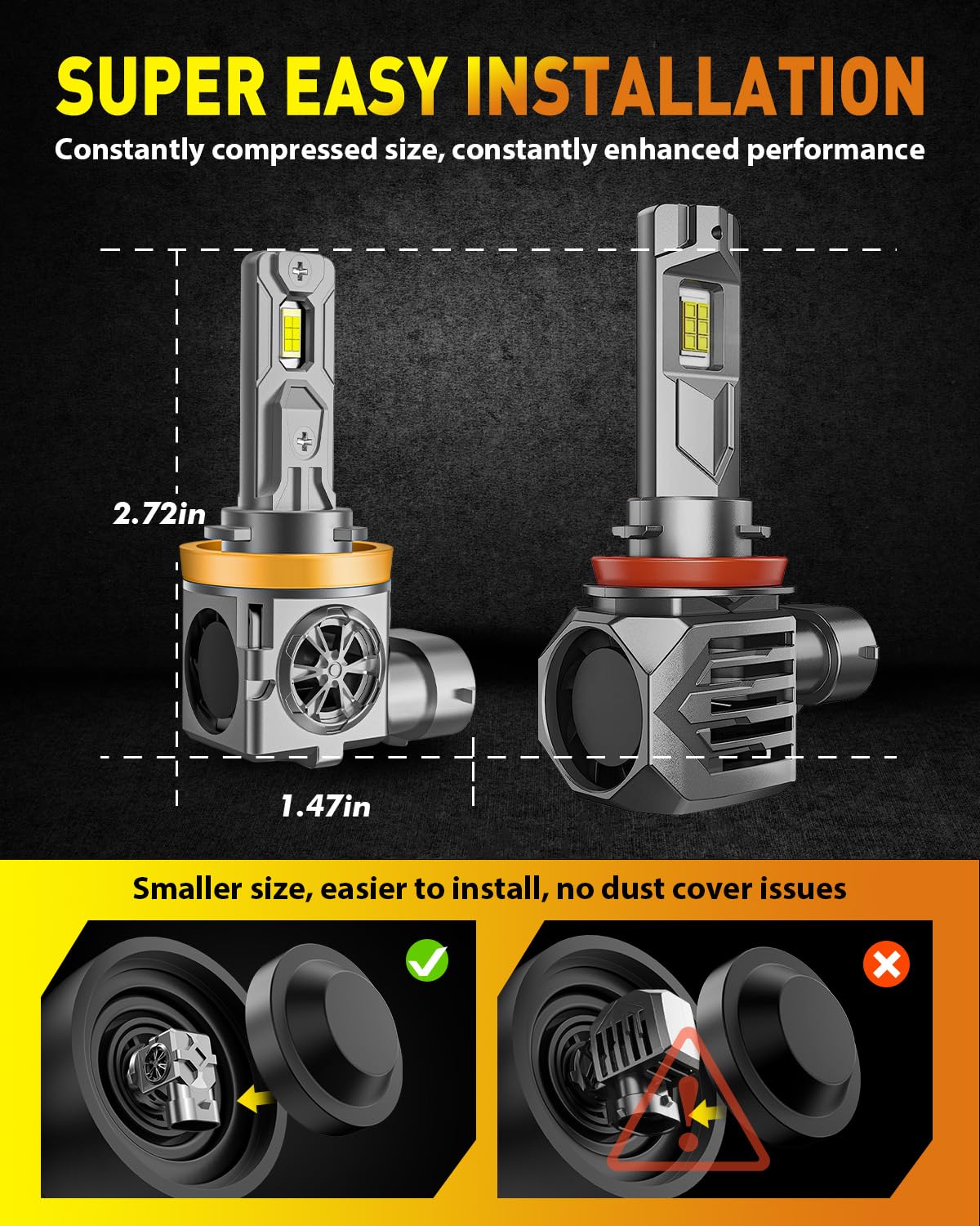 Termitor Latest H11/H9 Bulbs, 40,000LM 900% Ultra-Brightness, Real 1:1 Halogen Mini Size, 10-Year Extended Lifespan, 6500K White Illumination for Automotive H11 Fog Lights, Plug and Play, Pack of 2