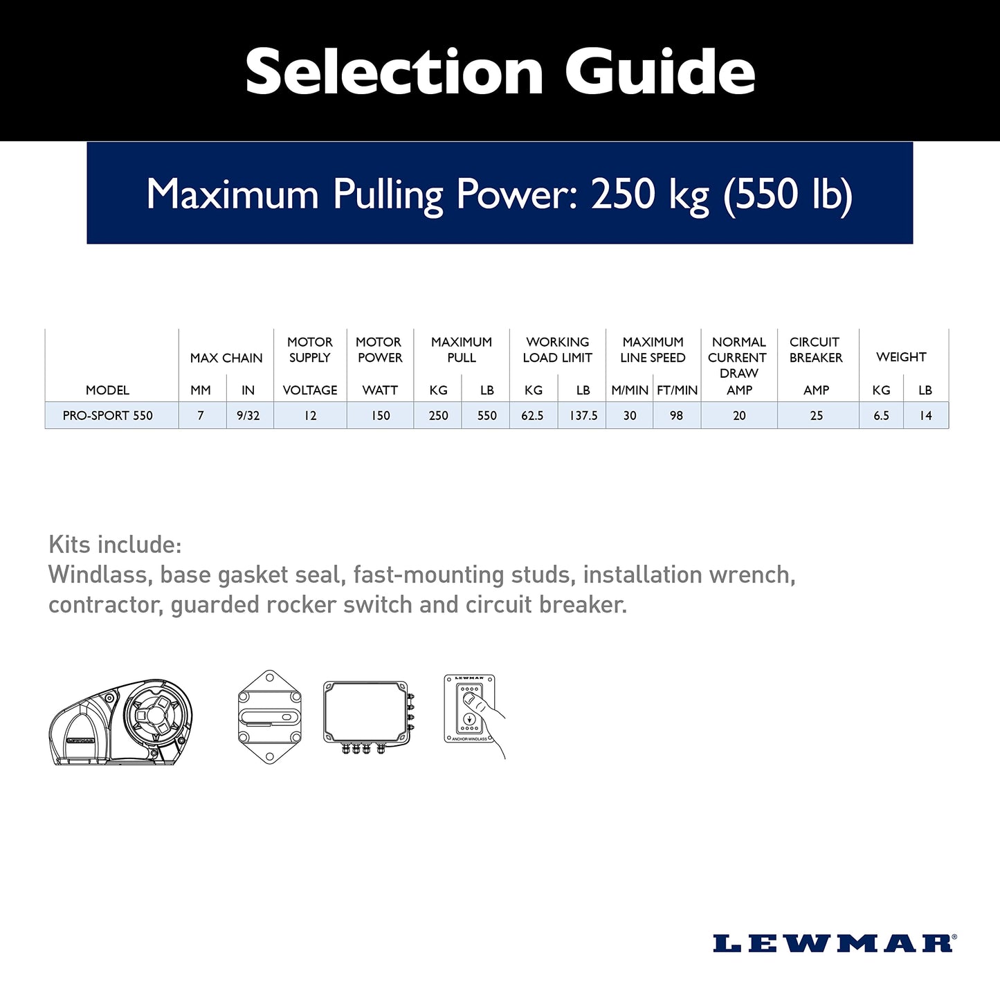 Lewmar Pro Sport 550 12V Windlass for 1/4" G4 Chain, Manual Freefall, Maximum pull 550 lbs., Port Side Mounted Gypsy, for Boats 20'-30' - 2020201167