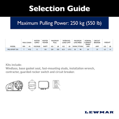Lewmar Pro Sport 550 12V Windlass for 1/4" G4 Chain, Manual Freefall, Maximum pull 550 lbs., Port Side Mounted Gypsy, for Boats 20'-30' - 2020201167