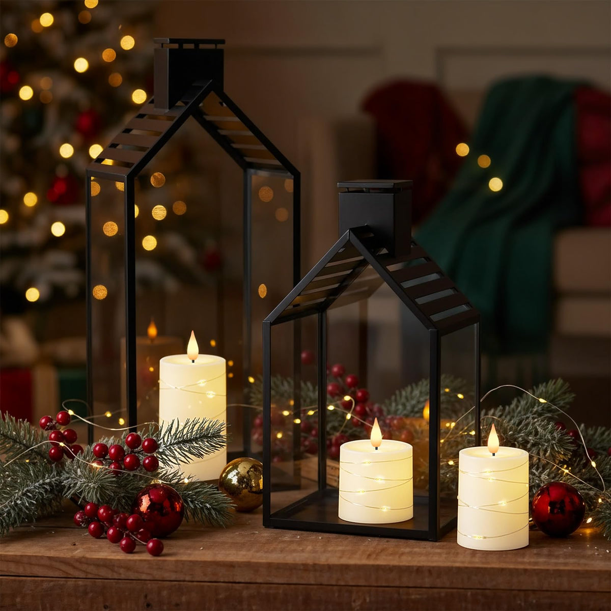 Raycare Flameless Candles with Remote Timer, Flickering Battery Operated LED Pillar Fake Candle with String Lights for Home Decor, Christmas, Wedding and Gift, Ivory, Set of 5