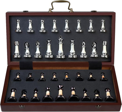 Deluxe Chess Set 16.5'' Wooden Large Folding Chess Board Game with Handle Weighted Acrylic Chess Pieces - 3.5 King with Storage Slots for Beginners Professional Players