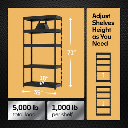 Metalkast Heavy-Duty Metal Garage Shelving | 71" H x 35" W x 18" D | Adjustable Industrial Storage Rack with Wire Shelves | 5-Tier Steel Shelving Unit, 5,000LB Capacity, Rust-Resistant Coating
