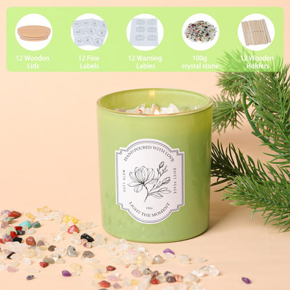 12Pcs Assorted Green Glass Candle Jars with Wooden Lids for Making Candles, 10 OZ Empty Candle Jars with Labels and 100g Crystal Rocks, Candle Making Supplies Candle Containers for Home DIY & GIFTS