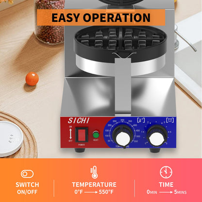 HTTSICHI Commercial Waffle Maker - Belgian Waffle Maker w/Non-stick Baking Pan and 550℉ Heating, 1200W Rotating Waffle Iron for 1.2" Thick, Stainless Steel Round Waffle Machine for Restaurant
