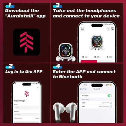 NE70 Earbuds, AI Translation Earbuds Real Time Support 165 Languages, Language Translator Headphones with LCD Touch Screen & Anti-loss, No Subscription, 7 Translation Modes for Travel Business- White