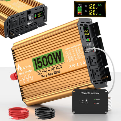 1500 Watt Inverter 12V DC to 110V/120V AC, Pure Sine Wave Inverter for Truck/RV/Home/Solar/Off-Grid, Surge 3000W Pure Sine Power with 2 AC Sockets, 5V 3.4A USB, Digital Display, Remote Controller