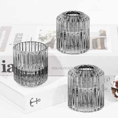 CHOCSTAY Reversible Gray Glass Candle Holder Set of 6, Thick Heat-Resistant Glass Candlestick Holders for Taper, Tealight, Votive, LED Candles, Perfect for Wedding, Party, Home Décor