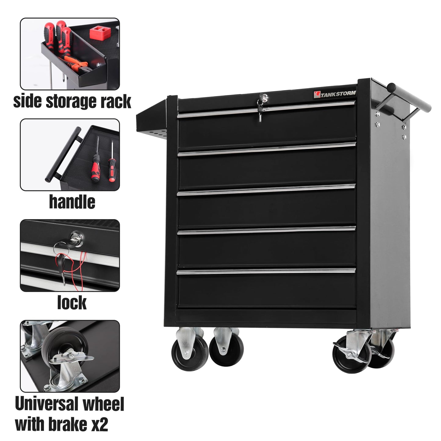 TANKSTORM 5-Drawer Rolling Tool Chest with Wheels, Heavy Duty Lockable Metal Tool Cabinet, Rolling Tool Box Organizer for Garage, Workshop, Repair Shop, Black