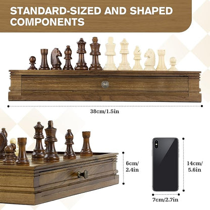 Peradix Magnetic Chess Checkers Board Sets with 2 Built-in Storage Drawers12.8 Classic 2 in 1 Wooden Games with 2 Extra Queens for Kids and AdultsTravel Portable Chess Game Set