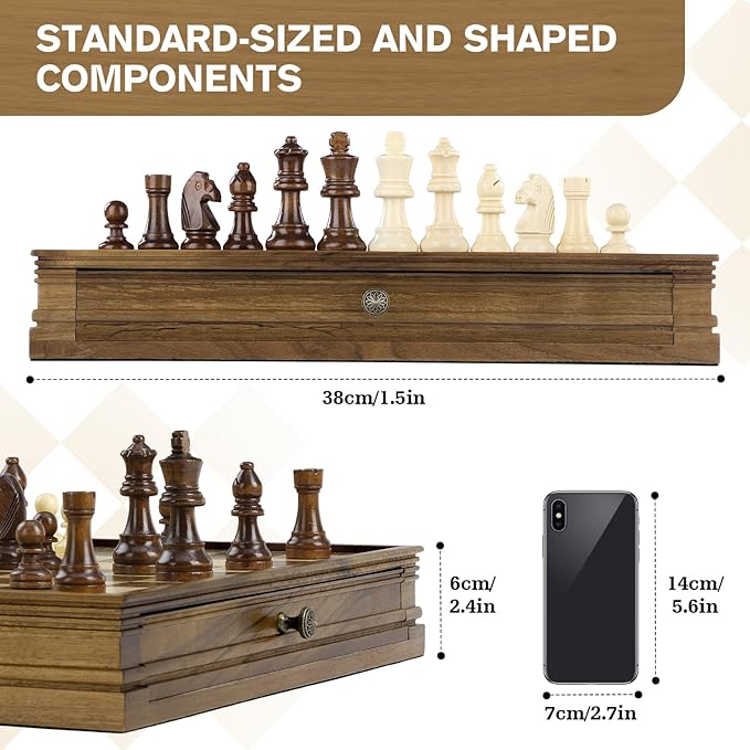 Peradix Magnetic Chess Checkers Board Sets with 2 Built-in Storage Drawers15 Classic 2 in 1 Wooden Games with 2 Extra Queens for Kids and AdultsTravel Portable Chess Game Set