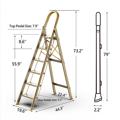 GameGem Lightweight Aluminum 6 Step Ladder for 12 Feet High Ceiling, Folding Step Stool Stepladders with Anti-Slip and Wide Pedal for Home and Kitchen Use Space Saving (Gold)