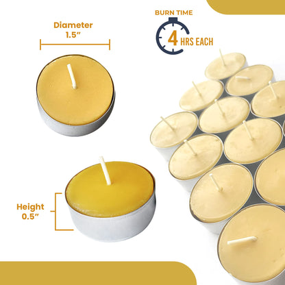 Pure Beeswax Tealights - Unscented Smokeless & Clean Burning Non-Toxic Tea Lights with Light & Natural Honey Scent, 4-Hour Burn Time, 1.5 x 0.5-Inch Handmade Candles, 24-Pack, by BeeTheLight