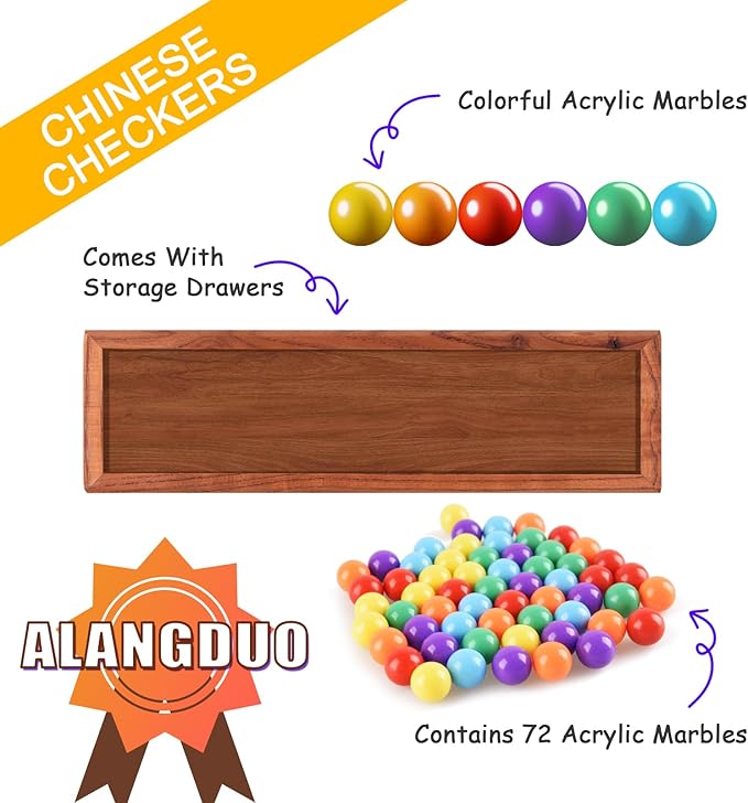 Large Chinese Checkers Upgraded Version Wooden Game Board 16mm 60+12 Colorful Acrylic Marbles Easy Grasping for Adults and Kids with Storage Drawer Fun for Family Gathering (15in.)