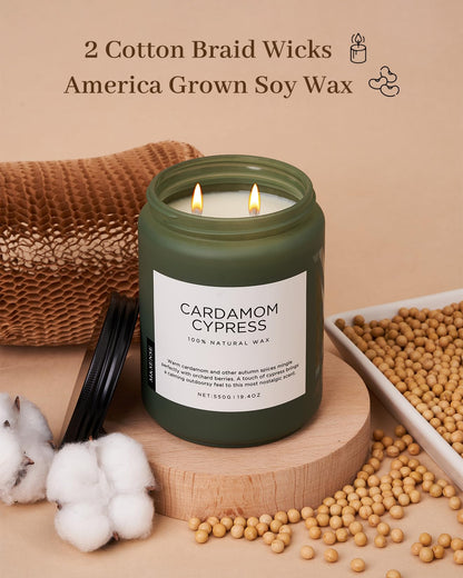 M&SENSE Cardamom Cypress Fir Large Soy Candles for Home Scented 2 Wick Large Soy Natural Candles 19.4oz 110 Hours Long Lasting Slow Burning Woody Scented Winter Holiday Birthday Gifts
