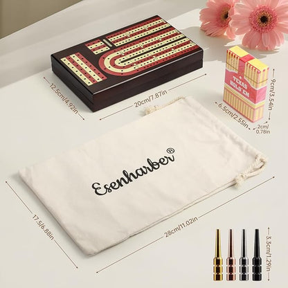 Cribbage Board Foldable 4-Track Cribbage Board Game Set Solid Wood Game Board with 12 Brass Pegs &amp Felt-Lined Storage for 2-4 Players with Convenient Pouch