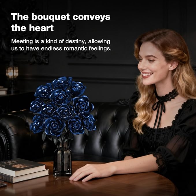 Rose Rotating Everlasting Flower Building Set (866PCS) Compatible Artificial Bouquet Elegant Home/Office Decor Accent for Tabletop Display Long-Lasting Home Decoration (Blue)