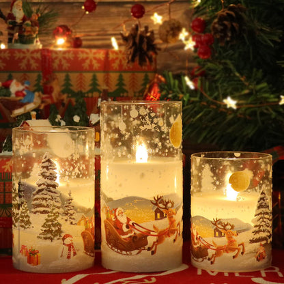 Eldnacele Santa Claus Glass Flameless Candle with Remote Timer Battery Operated Flickering LED Pillar Candles 3 Pack Warm White Light Christmas Decal Candles Set of 3 (D3” x H 4” 5” 6”) – Santa Sleigh