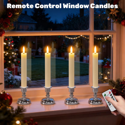 Wondise Flameless Window Candles with Remote Timer, 7" Battery Operated 3D Wick Real Wax LED Flickering Taper Candles for Christmas Decoration, Removable Silver Holder and Suction Cups Included 4Pack