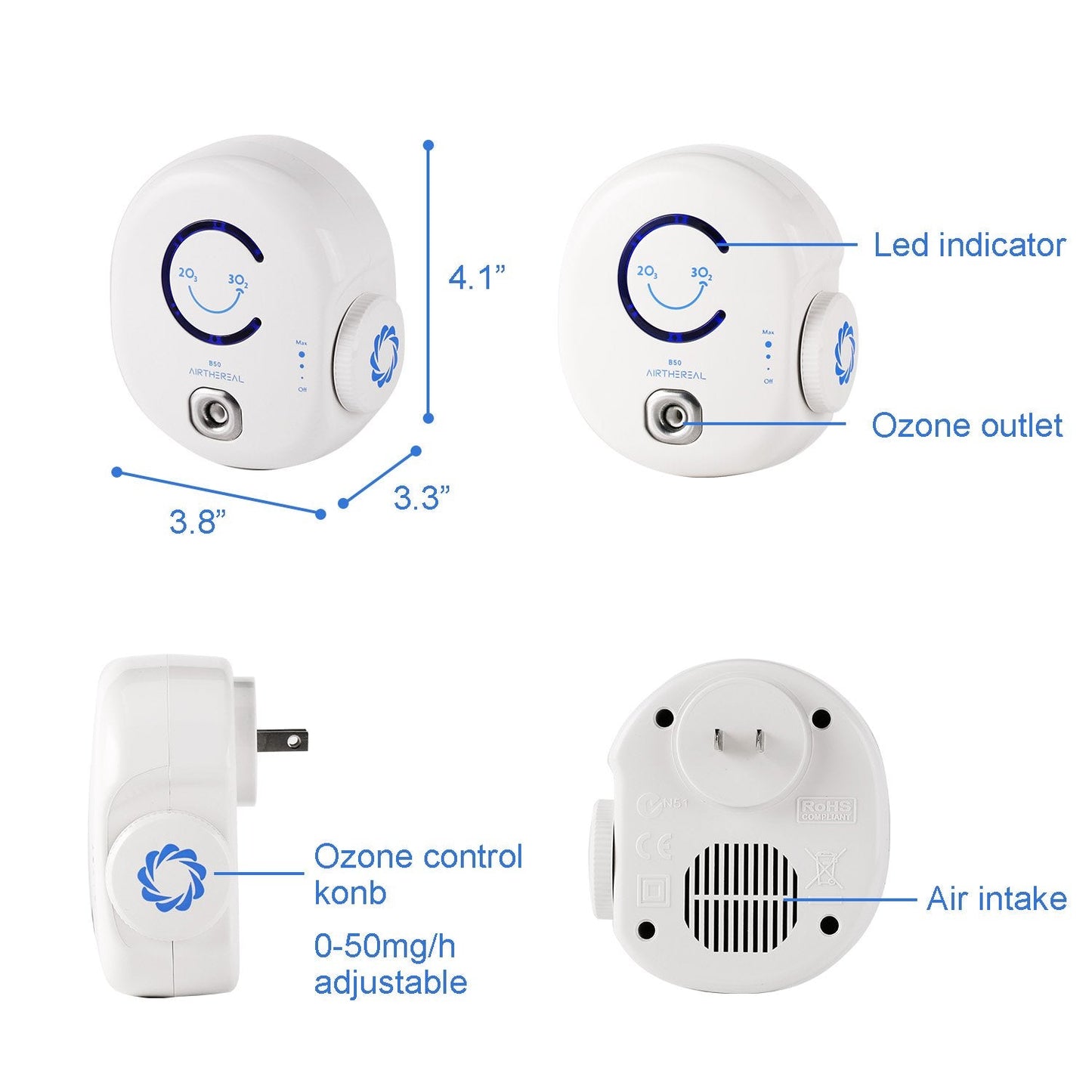 Airthereal B50 Mini Ozone Generator Air Purifier- Removes Odors and Sterilizes Air in Small Spaces Up To 320 Sq Ft - Plug in Mini Air Ionizer, Adjustable Ozone Output of 10-50 mg/h