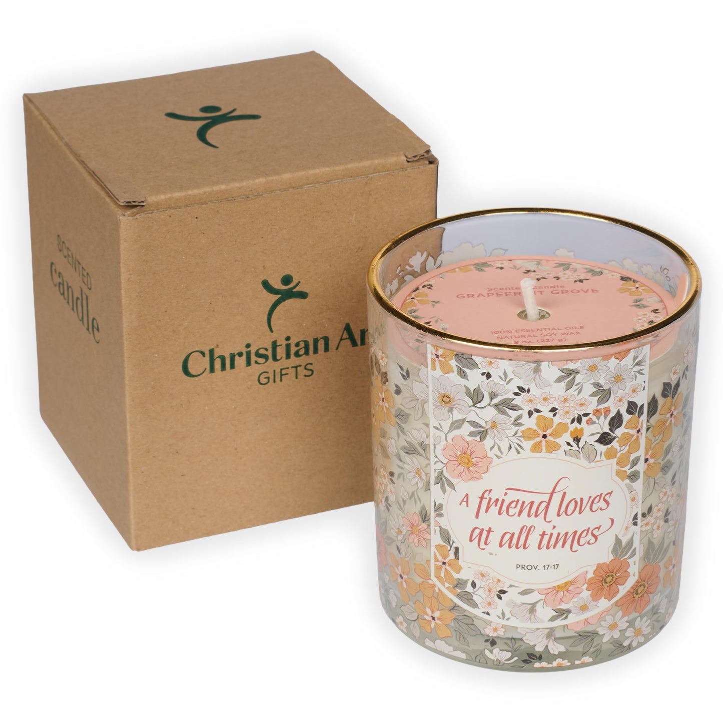 Christian Art Gifts Grapefruit Grove Scented Candle: Proverbs 17:17 Bible Verse, Soy Wax, Pure Essential Oils, Floral Design Glass Jar, Friendship Gift for Women, 40 Hours Burn Time
