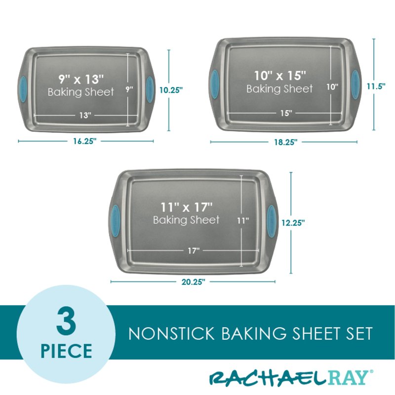 Rachael Ray Bakeware Nonstick Cookie Pan Set, 3-Piece, Gray with Agave Blue Grips