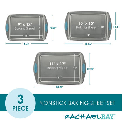 Rachael Ray Bakeware Nonstick Cookie Pan Set, 3-Piece, Gray with Agave Blue Grips