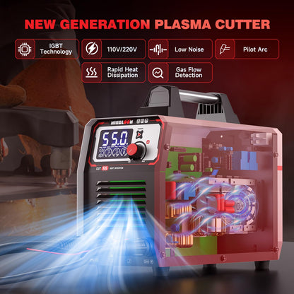 Plasma Cutter 55Amp Non Touch Pilot Arc Non-High Frequency,Non-Touch Dual Voltage 110V/220V Plasma Cutting Machine with LCD Screen IGBT Inverter 3/4'' Max Cut, Post Flow Mesh Cut 2T/4T