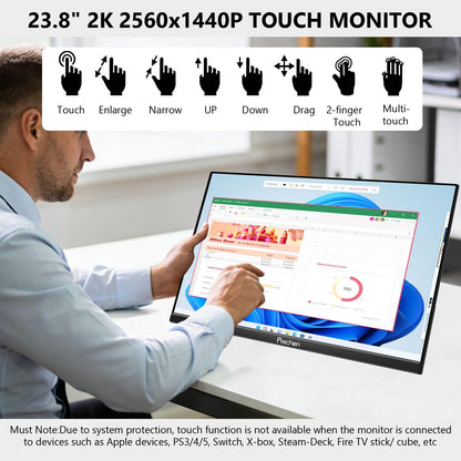 Prechen 23.8 Inch 2K 100Hz Large Portable Touchscreen Monitor 100% sRGB IPS Portable Touch Display QHD w/90° Adjustable Stand USB-C HDMI Laptop Monitor Desktop 2560X1440