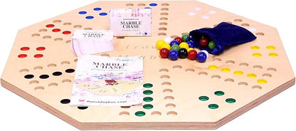 AmishToyBox.com Travel Marble Chase (Cards N' Marbles) Wooden Board Game Set - Double-Sided 23 Wide Board - Includes Carry Bag Marbles and Playing Cards