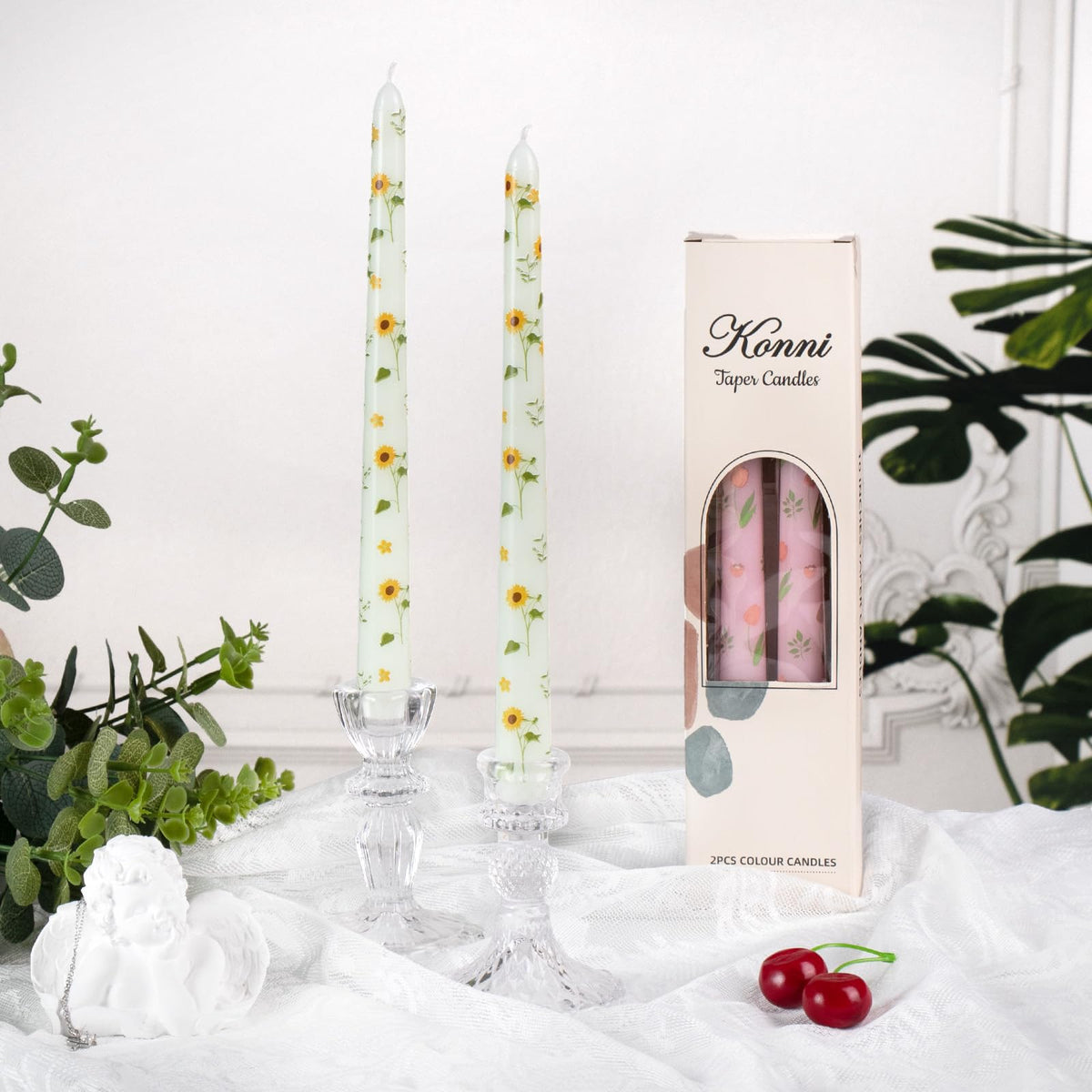 Taper Candles,10 inch 2pc Green Tapered Candles with Sunflower Printed, Unscented and Smokeless Long Burning Candles,Tall Candlesticks with Cotton Wicks,Ideal for Weddings, Home Décor