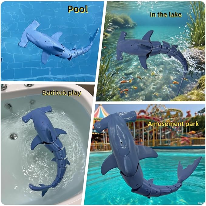 Beach and Summer Pool Remote Control Shark Boat Bath Toy RC Submarine Robo Shark Model Realistic Wiggle-Tail Electric Fish Hammerhead and Dusky Sharks (Cyan)