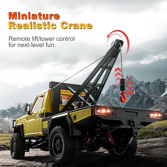 RC Crawler 1:12 Scale New Upgrade MN82-T RC Truck Crane 4WD LC79 Off Road Remote Control Pickup with Lights All Terrain Wrecker Vehicle for Teens Adults (Yellow)