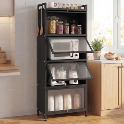 Giantex 5-Tier Kitchen Storage Cabinet, Mobile Microwave Stand with Flip-up PC Doors, Freestanding Kitchen Bakers Rack with 4 Rolling Casters, for Dining Room, Living Room and Study, Black