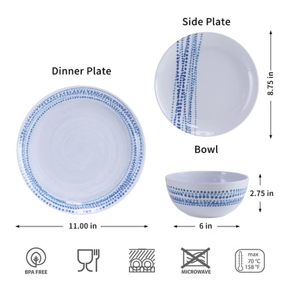 Melamine Dinnerware Sets, 12Pcs Plates and Bowls Sets Dinnerware Sets for 4, Unbreakable Dish Set for Indoor and Outdoor Use, Dishwasher Safe Raindrops Design