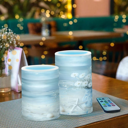 WEVIBOFU Ocean Beach Seascape Vase Starfish Shell Flickering Flameless Candles LED Battery Operated with Remote Timer Pillar Candles for Home Birthday Wedding Christmas Decor, Set of 2