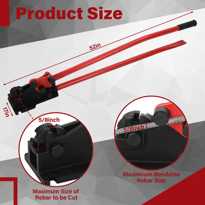 Threlaco Rebar Bender & Cutter 2 in 1 Rod Bender Metal Bending Tool Manual Effortlessly Cut and Bend Rebar up to 5/8" Bending Machine, Red