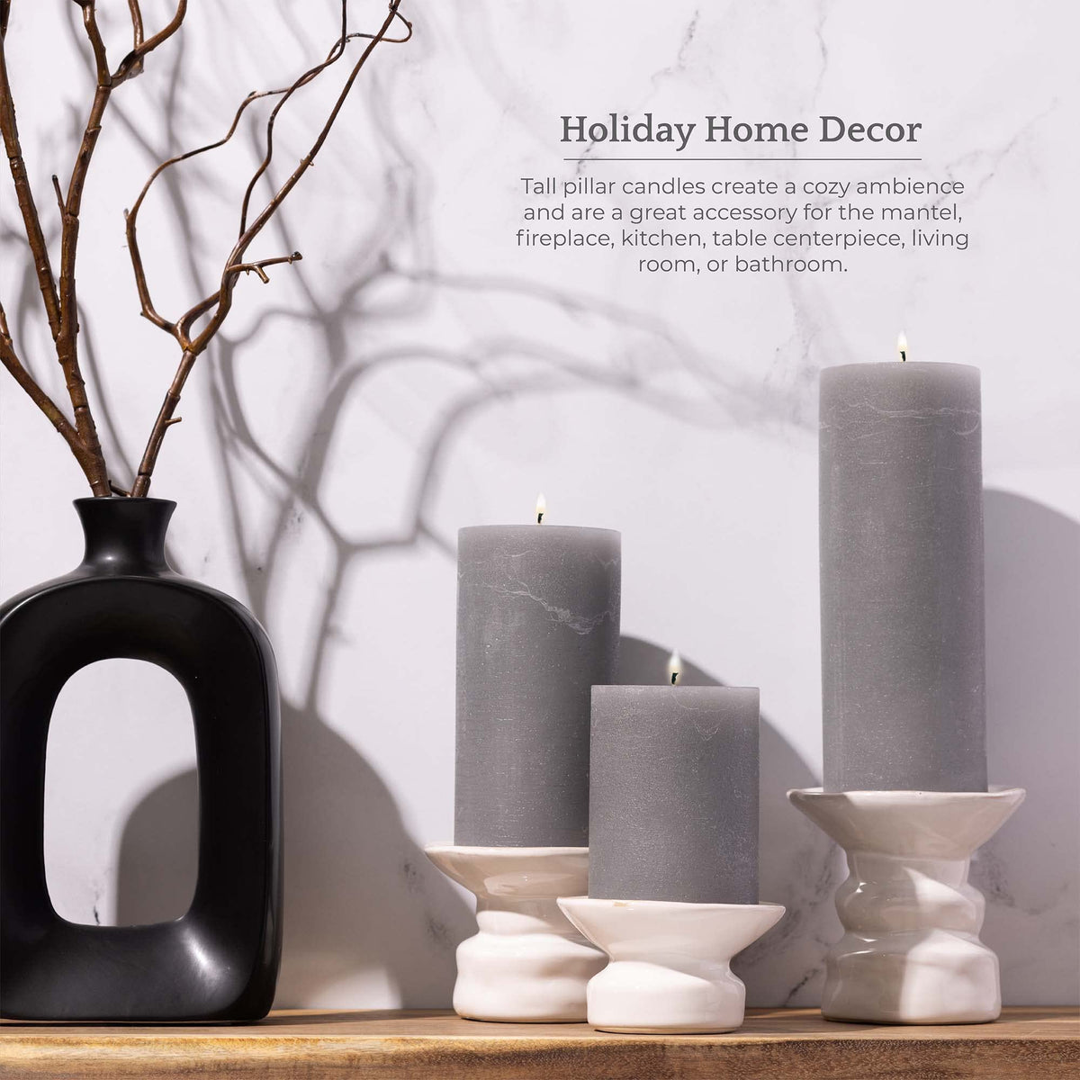 BASK Mottled Unscented Cool Grey Pillar Candles Set of 3 - Dripless Large Smokeless Pillar Candles for All Occasions