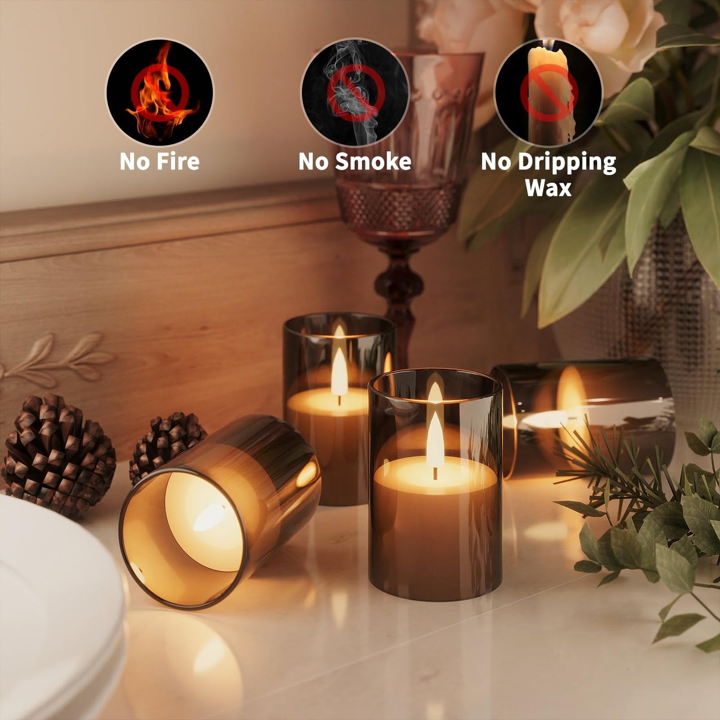 VIODAIM 12Pack Flickering Flameless LED Candles with Timer, Battery Powered - Small Pillar & Votive, Black (2"X3")
