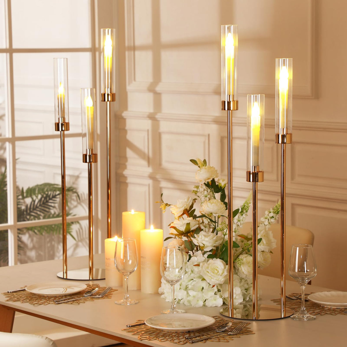 Suclain 4 Set 3 Arm Candelabra Centerpiece 33.8 Inch Candle Holder Gold Candelabra Metal Floor Pillar Candlesticks for Tables Wedding Home Party Decoration