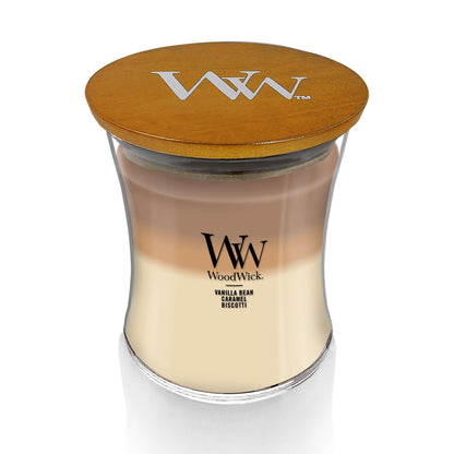 WoodWick Café Sweets Trilogy Holiday Candle Gifts for Women and Men, 9.7 oz Medium Hourglass Trilogy Candle with Crackling Wick