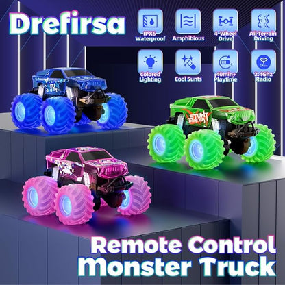 Amphibious Monster Truck Toy Waterproof Remote Control Car 4WD Off-Road RC Truck with Colorful Light RC Stunt Car Toy for 4-7 8-12 Year Boy Birthday Gift Present