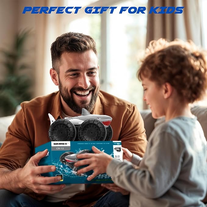 SIMREX Shark Amphibious Remote Control Car - Gift for Kids Boys Girls 4WD Waterproof RC Car 360° Stunt Dual Remote Control 50m Long Range 2 Rechargeable Batteries (Silver)