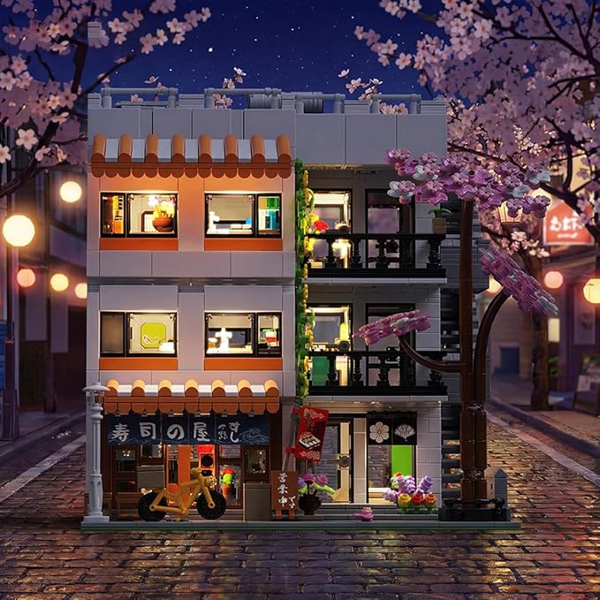 Japanese Apartment Building Street View Building Blocks Set - 3-Story Japan Cherry Blossom Architecture House with 5 Figures &amp LED Lights Christmas Bithday Gift for Aduls（3910PCS）